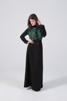  Yeşil Çiçekli Patchwork Elbise 