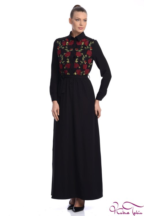  Penelope Siyah Nakışlı  Elbise 